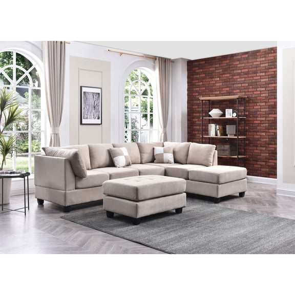 Maykoosh Elegant Escape L-Shape Sectional Sofa with Button-Tufting, Removable Backs and Pocketed Coil Seating, Track Arm Style, Living Room Sectional Couch -111"D x 78"W x 34"H-Color:Vanilla