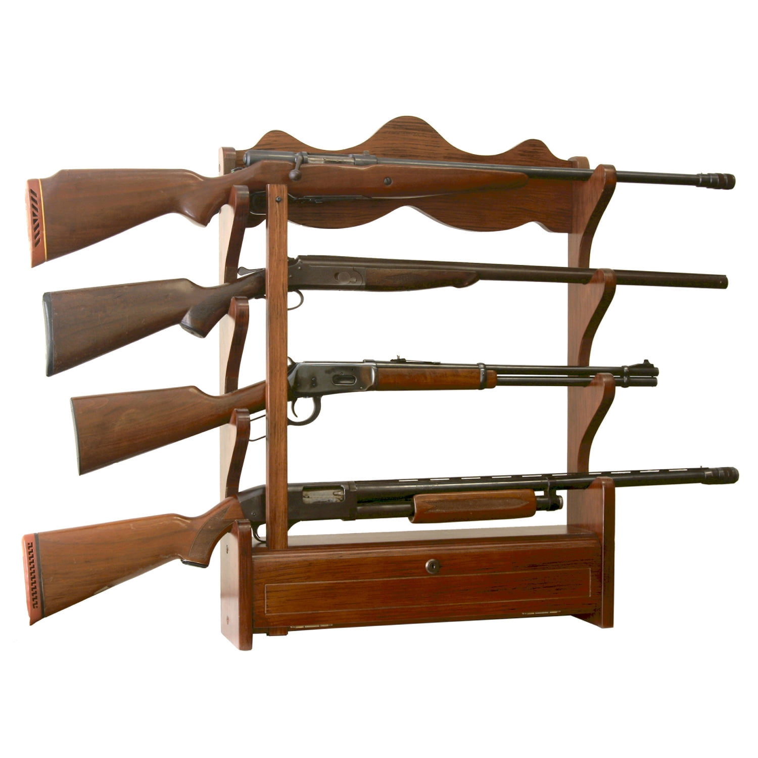 4 Gun Wall Rack with Storage - Locking Gun Rack for Rifles & Shotguns - Farmhouse Wood Display
