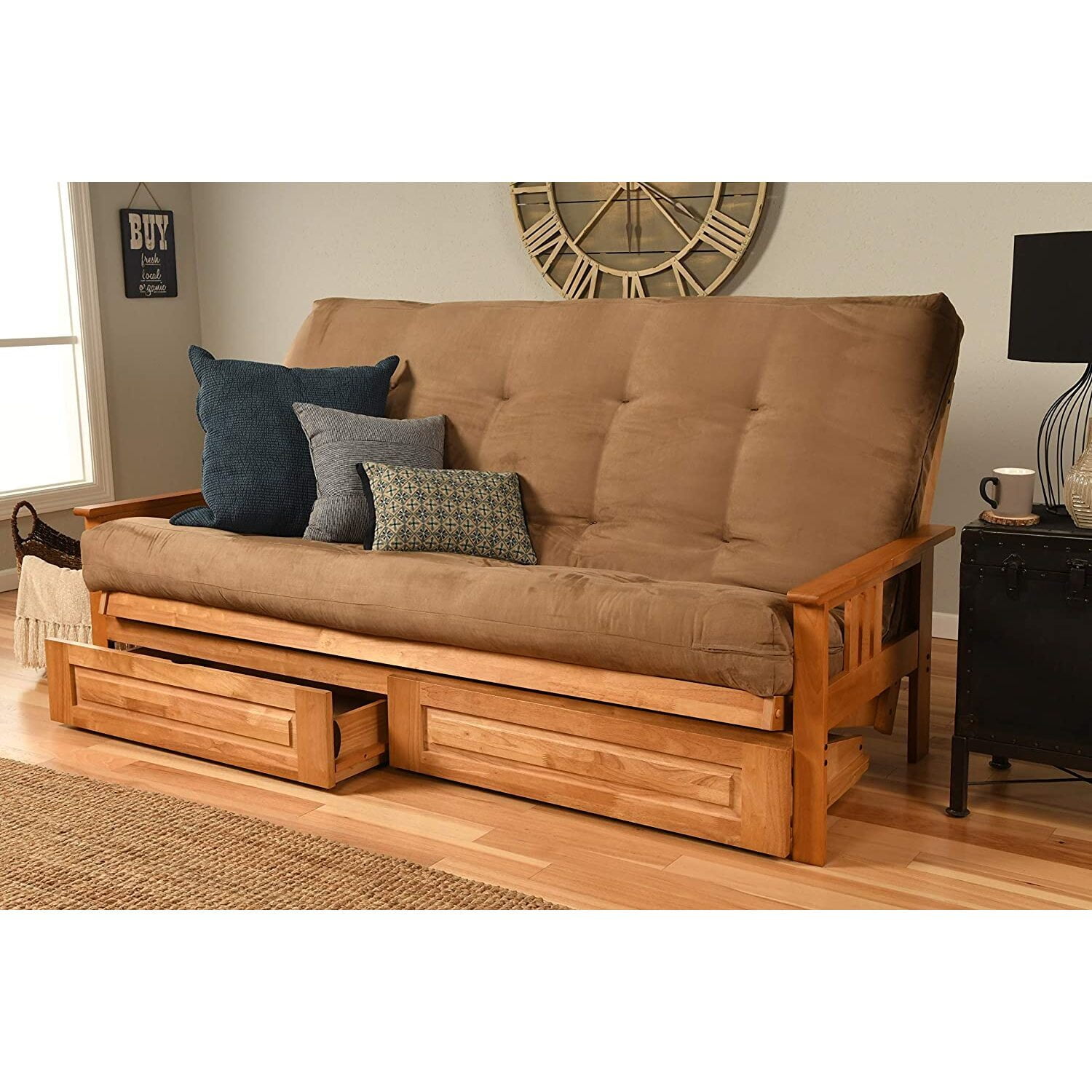 Maykoosh Farmhouse Fresh Futon Frame Queen Butternut Finish Suede Peat Mattress Storage Drawers