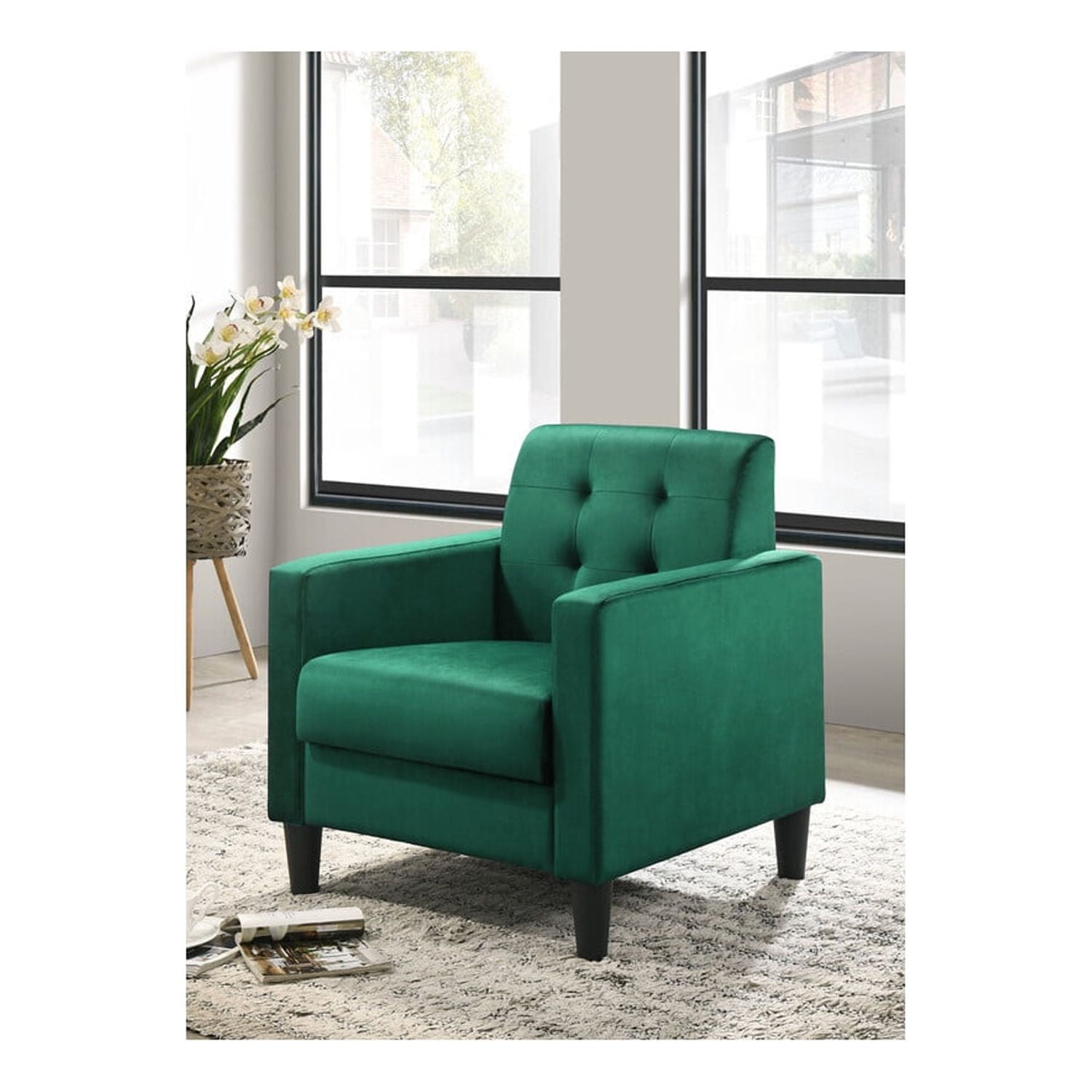Green Velvet Tufted Accent Chair with Square Arms