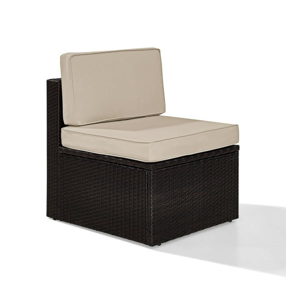 Farmhouse Outdoor Wicker Chair - Patio Center Chair, Durable Resin Wicker, Brown Sand Cushions, 27" Seating