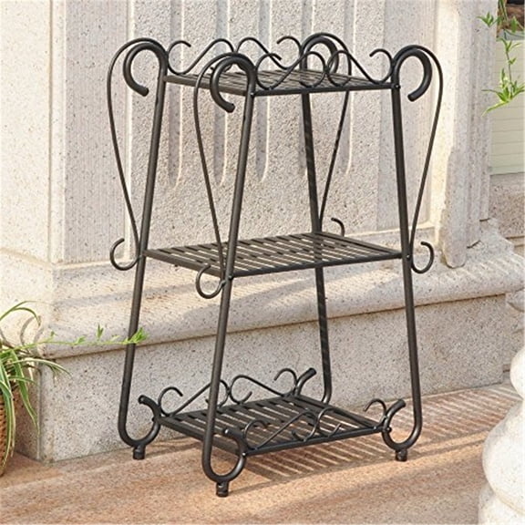 Maykoosh Fe Iron Nailhead 3-Tier Plant Or Utility Shelf In Antique Black, Durable Steel With Weather Proof Powder Coat Finish, Uv Protected, Ideal For Indoor Or Outdoor Use