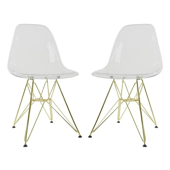Maykoosh French Fabulous Molded Eiffel Side Chair With Gold Brushed Chrome Metal Legs, Ergonomic Side Chair, Clear Plastic Molded Seat, Indoor or Outdoor Use, Set of 2 Chairs