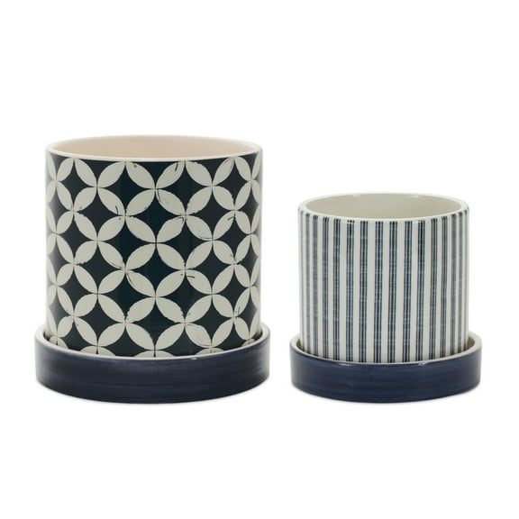 Decorative Planters Set of 2 - Geometric Ceramic Pots with Saucers - Indoor Flower Planters