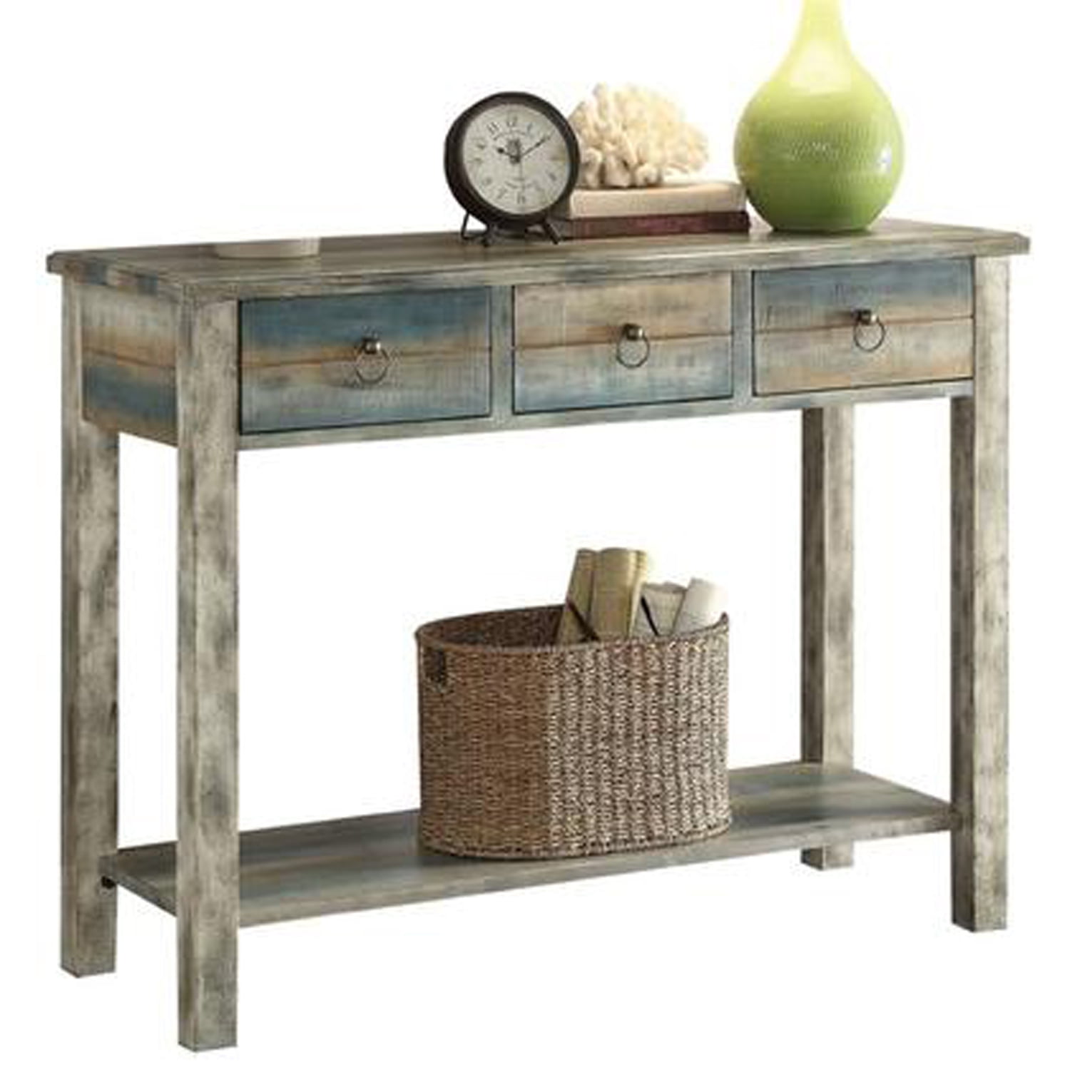 Antique White and Teal Wood Console Table with Storage
