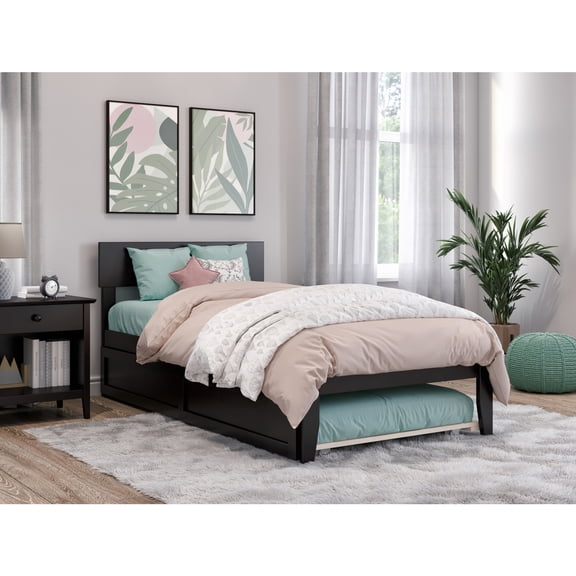 Modern Panel Bed with Trundle Full Size Platform Bed Frame