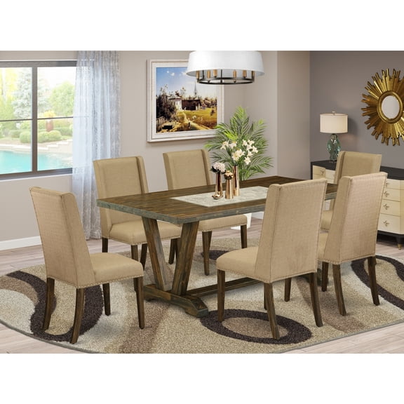 Maykoosh Global Glam - 7-Piece Dining Table Set - 6 Person Dining Chairs And Small Rectangular Table Solid Wood Frame ? High Back Button