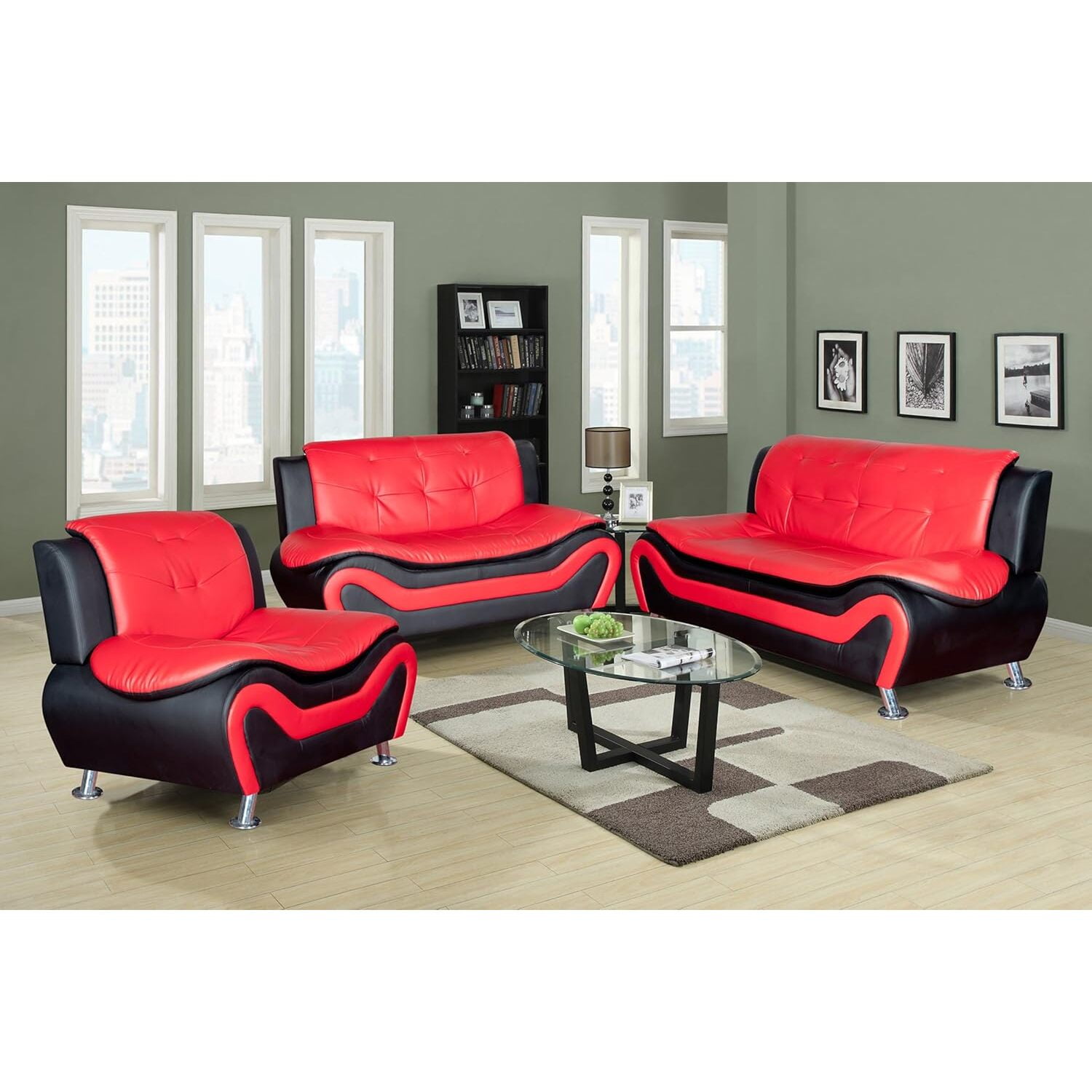 Maykoosh Global Glam Furniture 3 Piece Genuine Leather Living Room Set, Red&Black