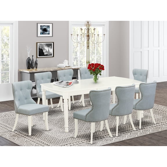 Glam Dining Room Set - 9 Piece Linen Fabric ChairsWood Table - Baby BlueLinen White