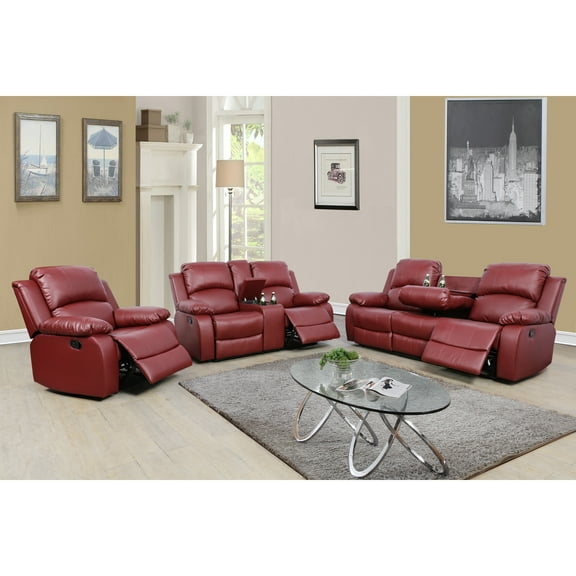 Maykoosh Global Glam Furniture Sectional Recliner Sofa Set Faux Leather 3 Pcs Motion Sofa Loveseat Recliner Couch Manual Reclining Chair With Drop Down Table & Central Console For Living Room (Red)