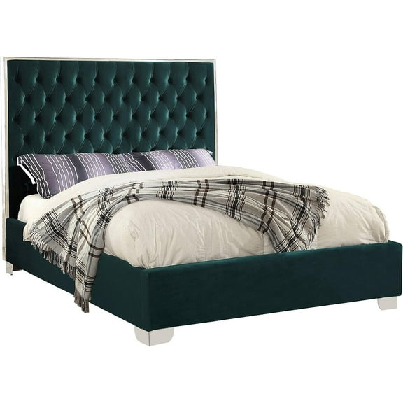 Maykoosh Global Glam Modern, Contemporary Velvet Upholstered Bed with Deep Tufting, Polished Chrome Stainless Steel Frame and Legs-Color:Green,Size:Queen