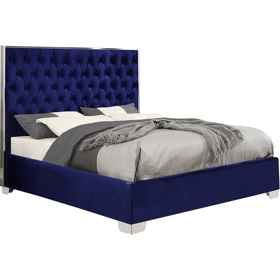 Velvet Upholstered Bed with Chrome Frame - Modern Glam Bedroom Furniture