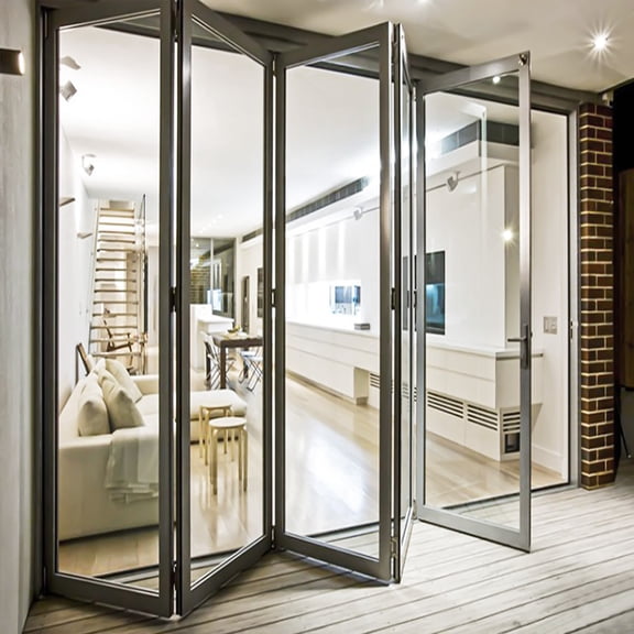 Aluminum Folding Patio Door - 144" Wide Black 5 Panel - Modern Interior Exterior Door