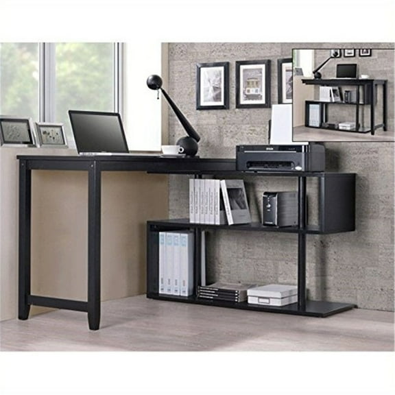 Swing Out Desk with Bookshelf - Solid Wood Home Office Canopy Desk - Durable Stylish Black Desk