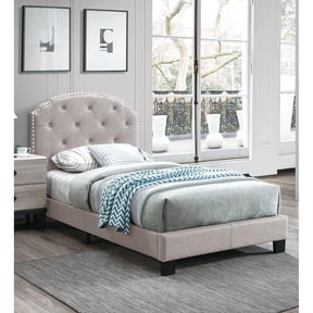 Maykoosh Gothic Glamour Twin Burlap Fabric Upholstered Bed Frame with Slats in Light Brown with Button Tufting Design, Nailhead Trim Accent - 40 x 80 x 43 inches