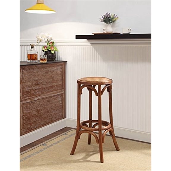 Maykoosh Gothic Grace Walnut Backless Bar Stool, Rounded Backless Seat, Bar Stool, Sturdy And Durable, Natural Fiber Seat, Footrest, 14.5"D X 14.5"W X 30"H