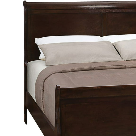 Handcrafted Wooden Full Size Bed - Elegant Design, Solid Wood Frame, Curved Headboard - Brown Finish