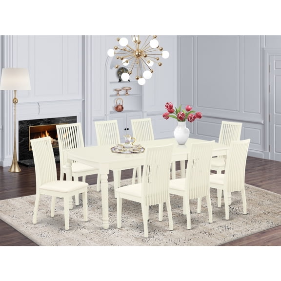 Hollywood Regency Dining Set - 9 Piece Rectangular Table8 Linen Chairs - White Finish