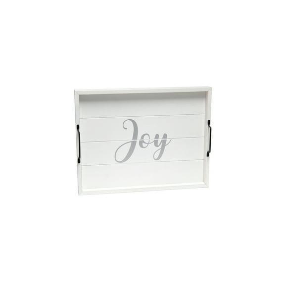 Maykoosh Hollywood Regency Decorative Wood Serving Tray with Handles, White Wash Finish and "Joy" Text, Ideal for Breakfast in Bed, Parties, or Rustic Farmhouse Decor