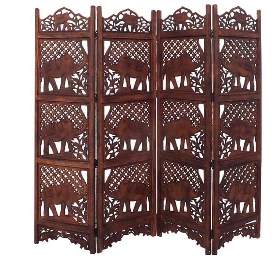 Maykoosh Hand Carved Elephant Design Foldable 4 Panel Wooden Room Divider - 80" x 1" x 71", Brown Mango Wood for Beautiful Interiors