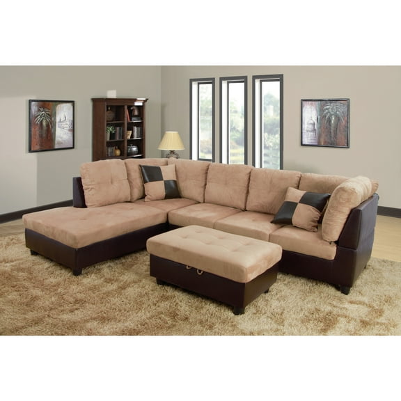L Shape Sectional Sofa Sets Living Room Furniture with OttomansPillows - Beige
