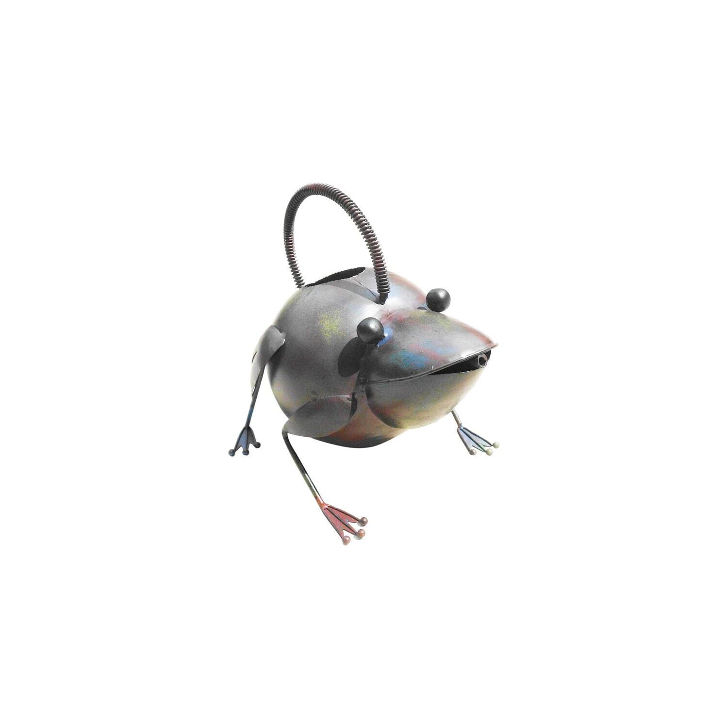 Iron Frog Watering Can - Handmade Garden Decor - Tin Metal Figurine - Multi-Color - 10" x 8" x 9"