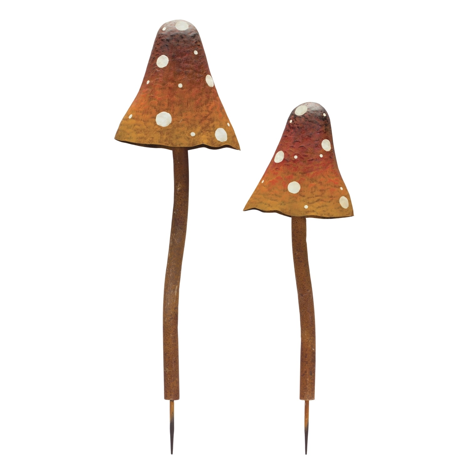 Rustic Brown and Red Iron Mushroom Garden Stakes, Set of 2