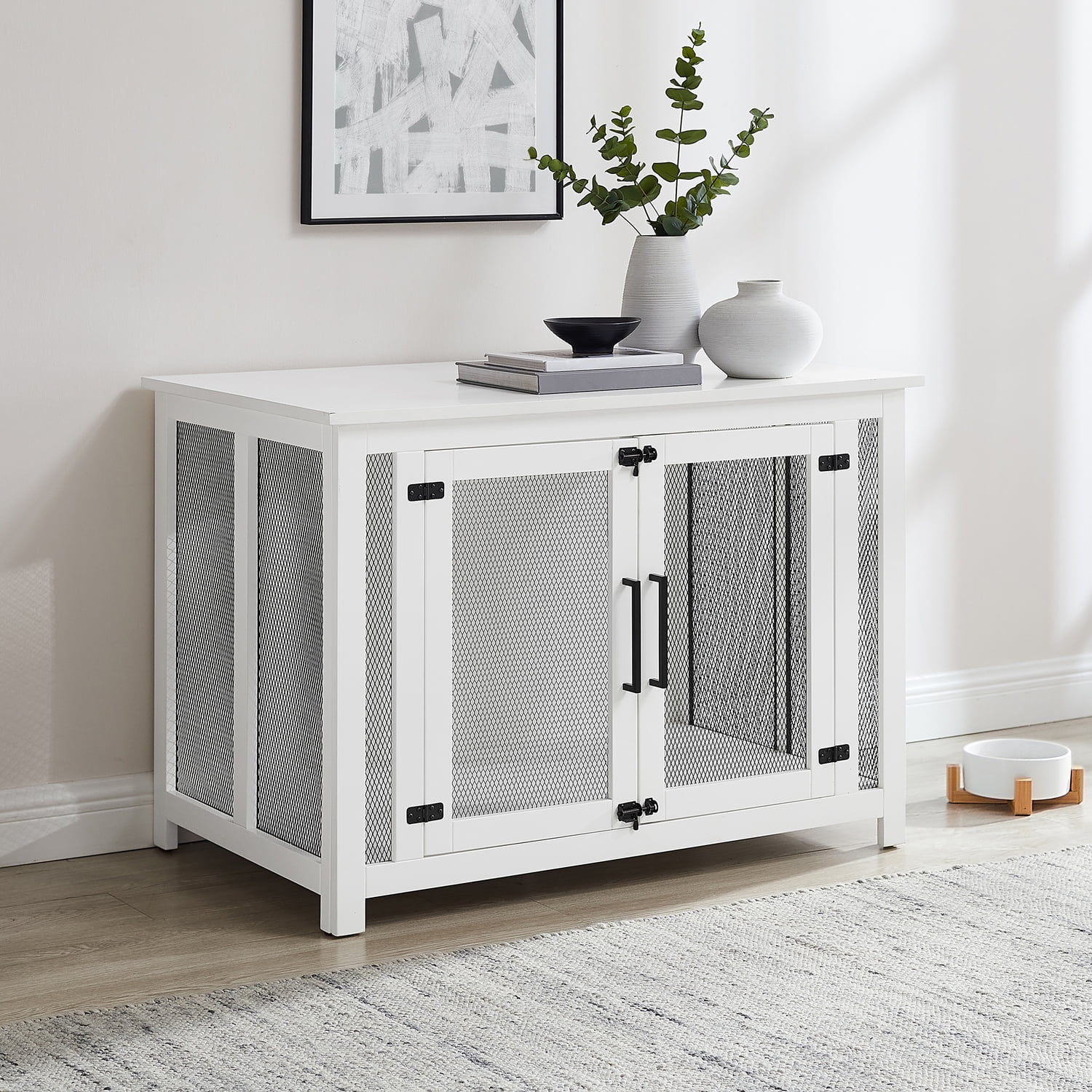 White and Black Steel Mesh Dog Crate Console Table
