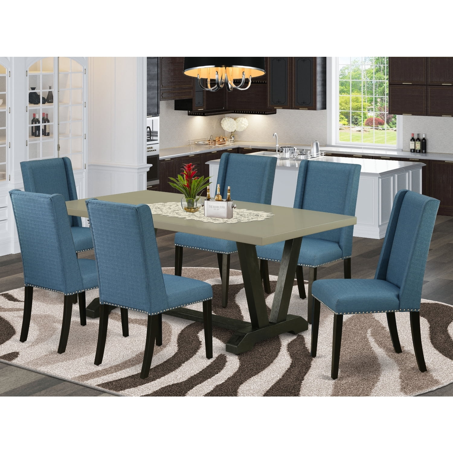 Luxury 7-Piece Kitchen Table Set - Hardwood Dining Table with 6 Parsons ...