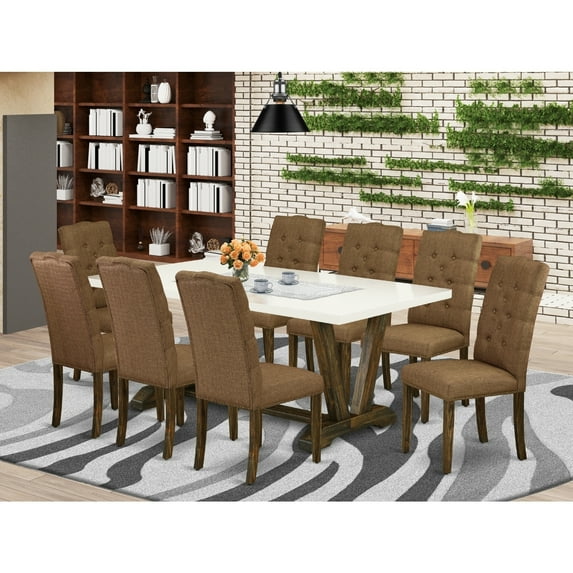 Lakeside Dining Set - 9 Piece Kitchen Table with 8 Linen Fabric Chairs - 40x72 Inch Rectangle Table