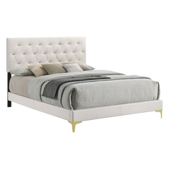 Coastal Cool Bed with Tufted Headboard - White Velvet Platform Bed, Gold Legs - Modern Bedroom Furniture