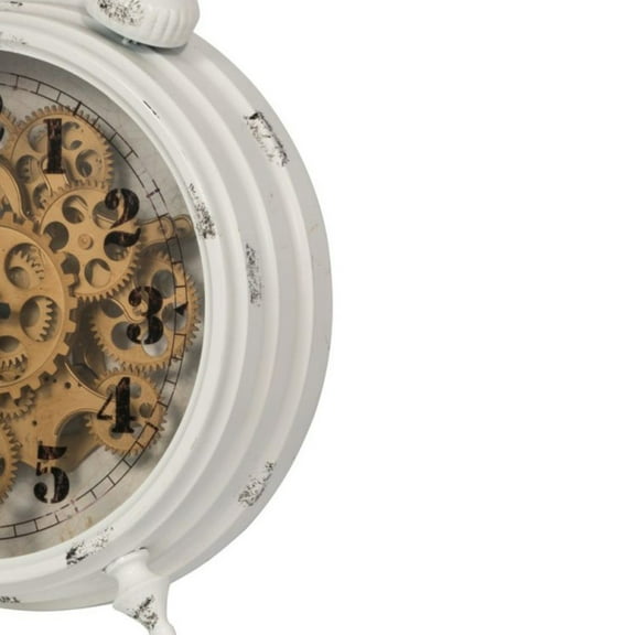 Medieval Table Clock - Metal Gears Mechanism, Distressed White Gold Finish, Antique Style Home Decor Accent