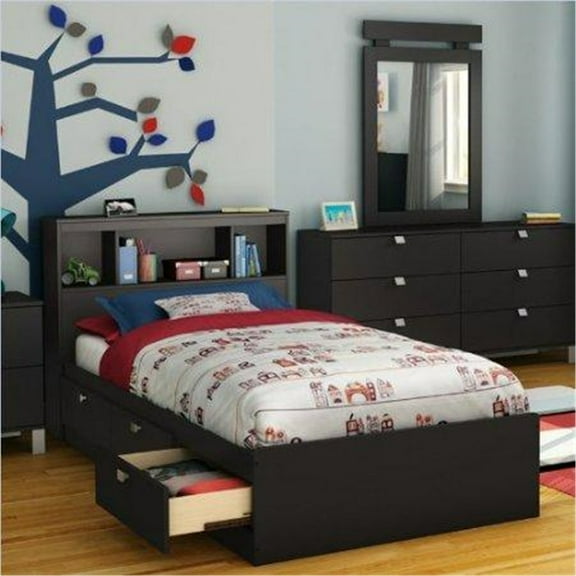 HomeStock Medieval Moods Bookcase Storage Bed Set In Solid Black Finish - 84.75 x 41.25 x 36 inches, Platform Bed w/ built-in Drawers, Storage Bed for Bedroom, Elevated Platform Bed w/ Storage