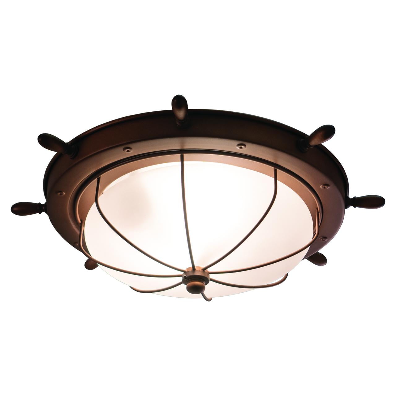 Maykoosh Mediterranean Magic Copper Coastal Ship Wheel Outdoor Flush Mount Installation Ceiling Light Fixture White Glass - 15"L x 15"W x 5"H