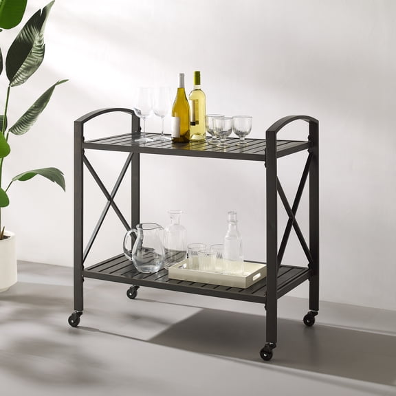 Outdoor Bar Cart Metal - Patio Serving Cart with Wheels - Modern Bar Cart for Drinks & Dishes - Bronze Finish