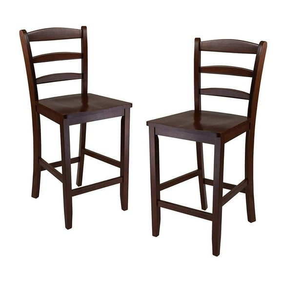 Mediterranean Ladder Back Stools - Set of 2 - 24" Solid Wood Counter Stools - Dark Wood Finish