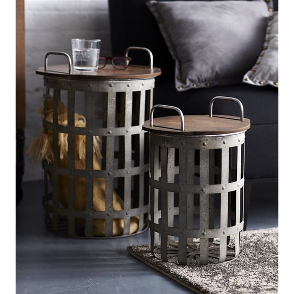 Metal Wood Side Tables Set of 2 - Rustic Accent Tables for Living Room, Bedroom, Patio