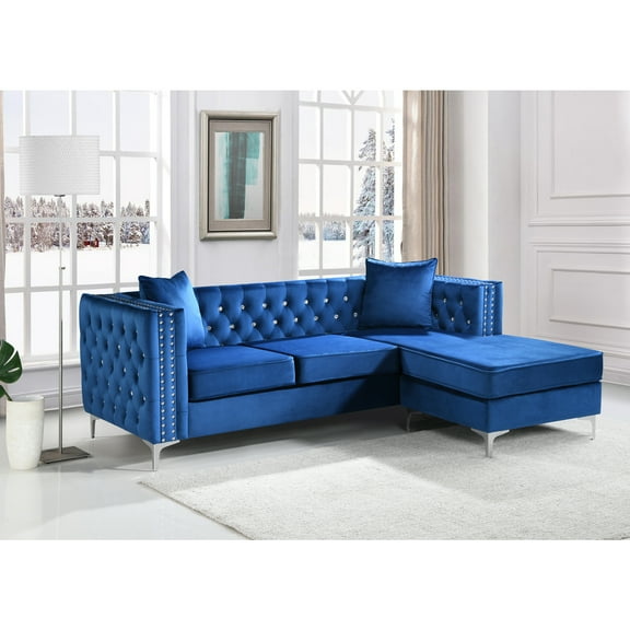 Modern Sofa Chaise Blue - Velvet Tufted Living Room Couch with Chrome Legs & Pocket Coil Seating - 87"