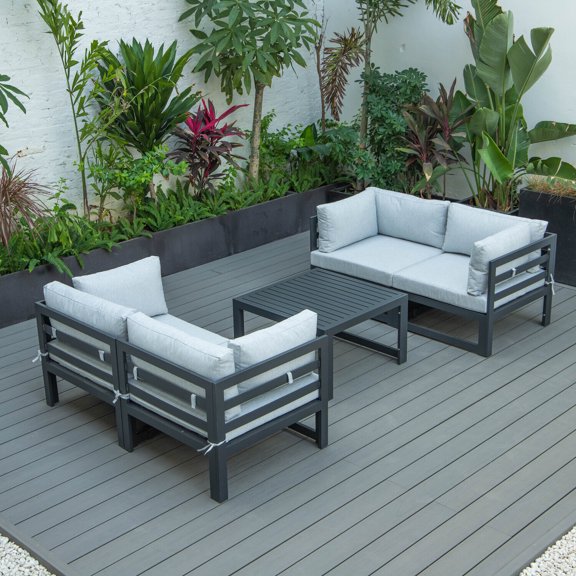 Maykoosh Modern Minimalism 5-Piece Sectional Loveseat and Coffee Table Set Black Aluminum with Cushions