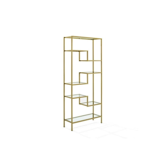 Maykoosh Modern Minimalism Glass Metal Etagere in Gold, Seven tempered glass shelves.78"H x 34.5"W x 12.5"D, Variable shelf heights, Adjustable levelers on legs