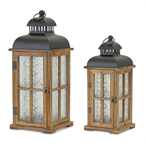 Modern Wood Lantern Set - Tabletop Candle Holders, Rustic Home Decor, Brown & Black, 8" x 19"