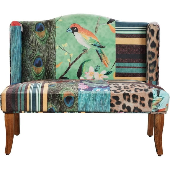 Maykoosh Modern Motifs Bird Collage Print Settee with Plush Velvet Upholstery, Adjustable Foot Pads, and Sturdy Wood Frame - 38 H for Vibrant Living Room or Hallway Seating