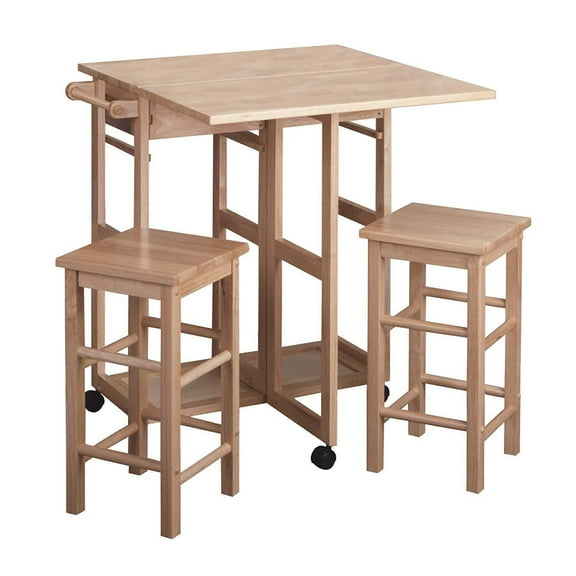 Drop Leaf Table with Stools - Kitchen Cart on Wheels - Modern Dining Table Set - Compact Bistro Table