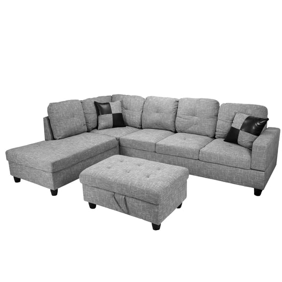 Maykoosh Modern Muse Furniture L Shape Sectional Sofa Sets With Removable Ottomans And Waist Pillows For Living Room, Grey