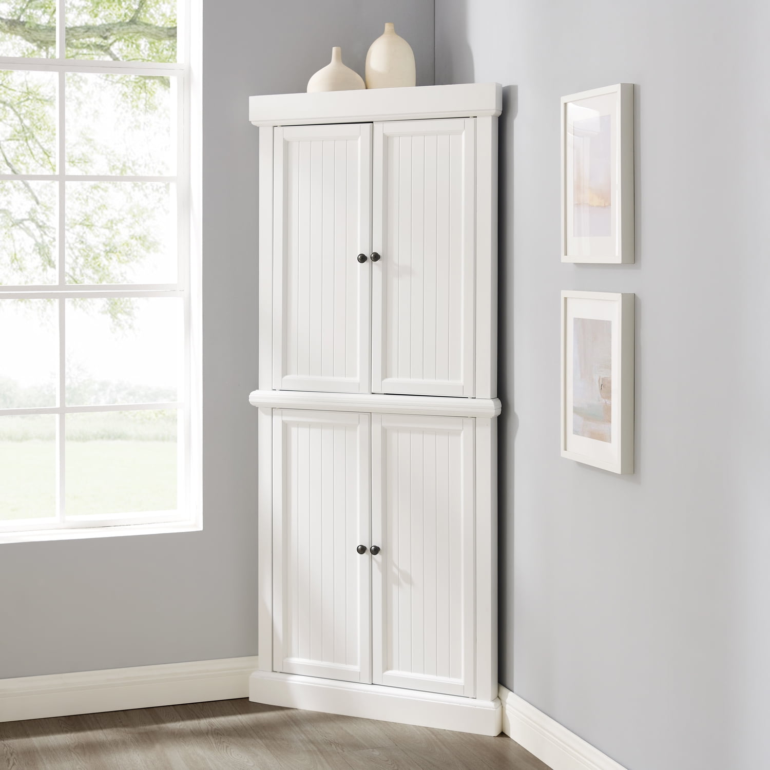 White Pinewood Tall Corner Accent Cabinet with Adjustable Shelving