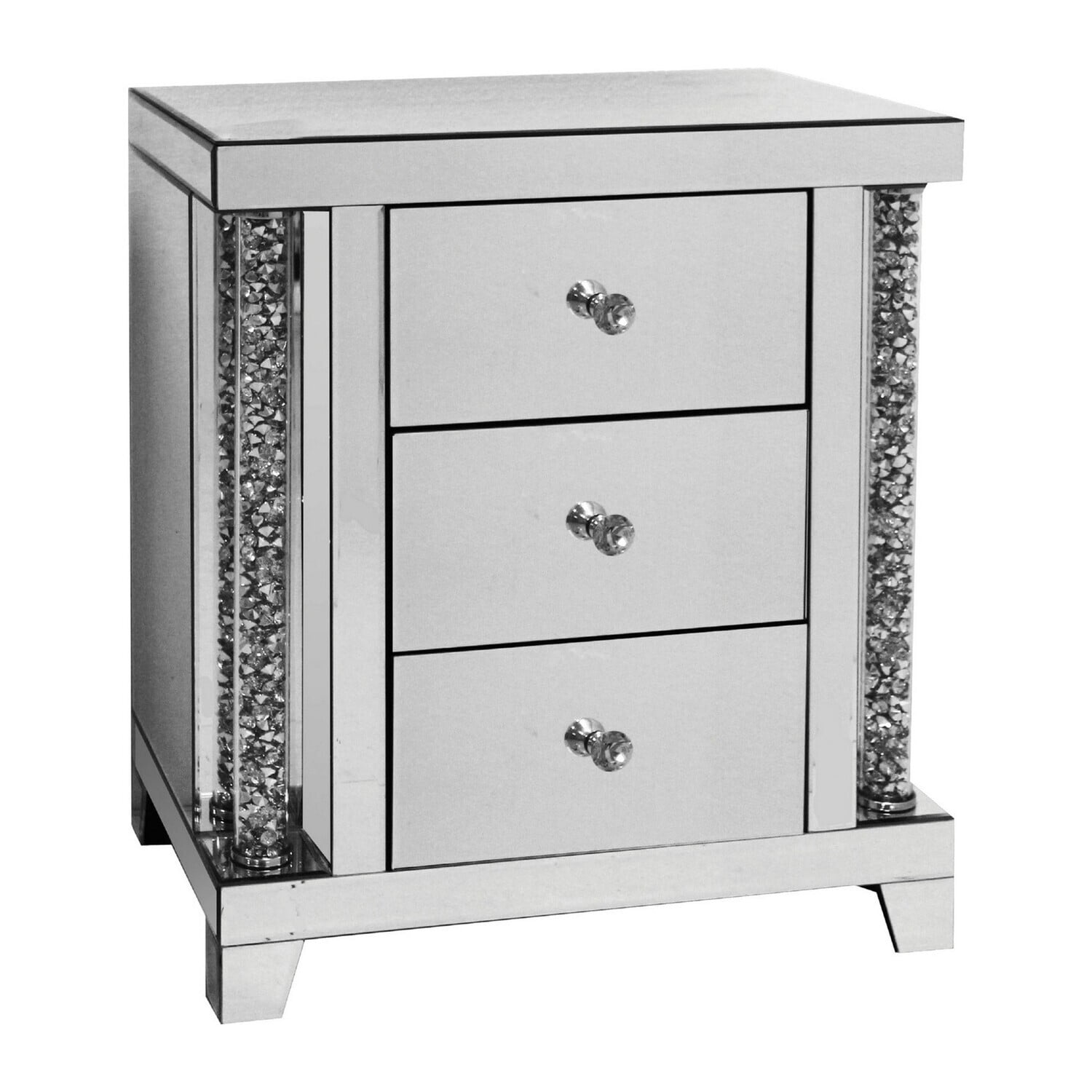 Noe Luxe 26" Mirrored Silver 3-Drawer Accent Nightstand with Faux Diamond Inlay