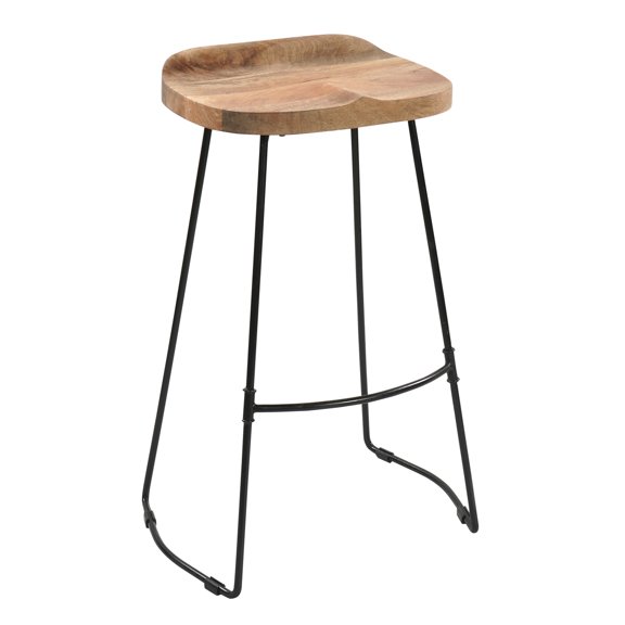 Maykoosh Mountain Lodge 30 Inch Handcrafted Backless Barstool, Natural Brown Mango Wood Saddle Seat, Black Metal Base
