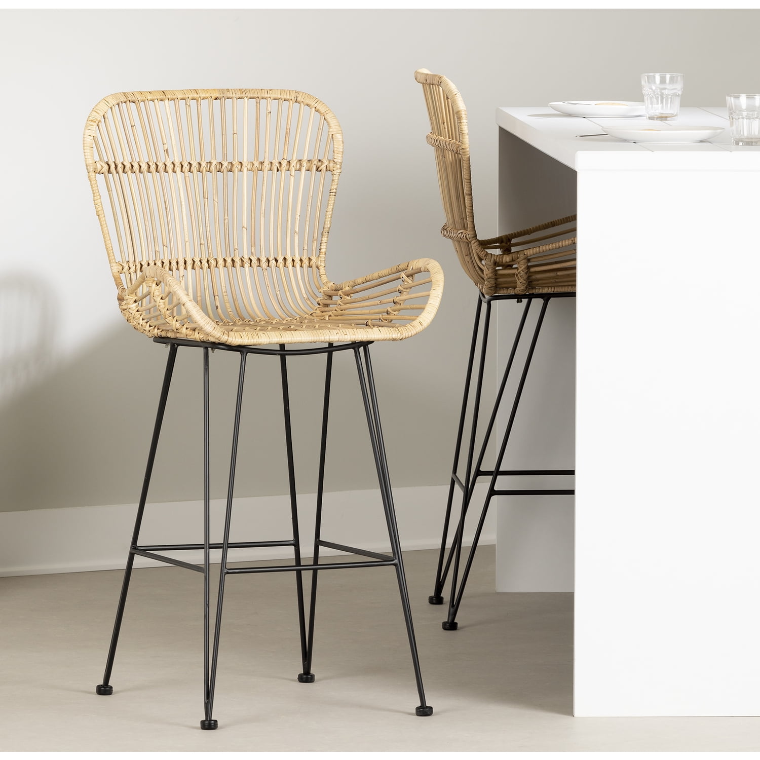 Balka Rattan and Black Metal Counter Stools with Armrests, Set of 2