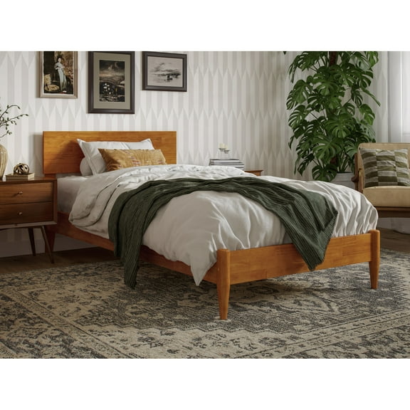 Maykoosh Rustic Romance Twin XL Solid Wood Modern Low Profile Platform Bed, Light Toffee - 83.13"L x 43.62"W x 33.46"H, Stained, Usb Port, Charging Station