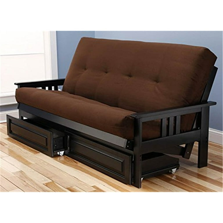 Wood futon store frame with drawers